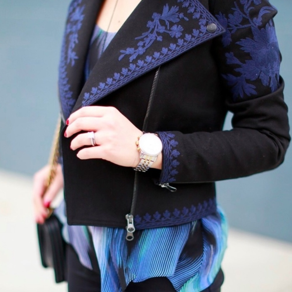 NWT Marchesa Voyage Black Embroidered Moto Jacket
